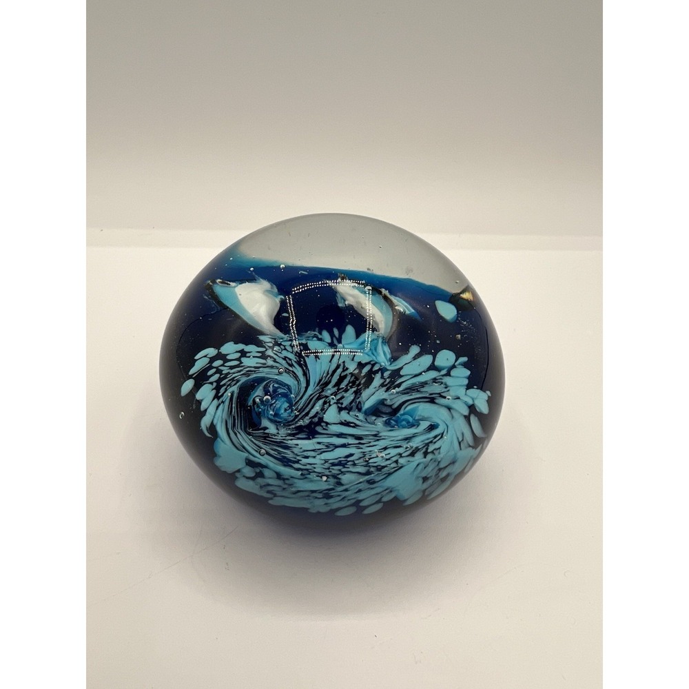 Art Glass Blue‎ Ocean with Swimming Dolphins Paperweight 3"